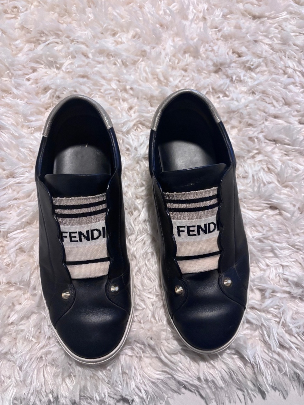 Fendi Women’s Black Leather Sneakers with Cream Stripe Style SE6592